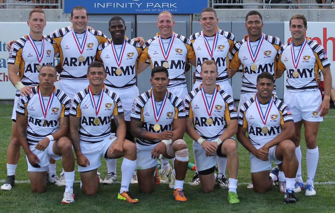 The 2014 Armed Forces Rugby 7s Champions, All-Army. Standing Left to Right:  SGT Nuuese Punimata (Ft. Carson, CO),CPT John Bryant (South Carolina NG), SPC Kevin Harrison (Ft. Campbell, KY), MAJ Nate Conkey (JB Lewis-McChord, WA), SPC Michael Melendez-Rivera (Ft. Bragg, NC), SGT Matt Tago (Kaiserslautern, Germany), CPT Andrew Locke (Ft. Carson, CO)
Front Row Left to Right:  SPC Stephen Johnson (Ft. Bragg, NC), PFC Faleniko Spino (JB Lewis-McChord, WA), 1LT Uiki Leatigaga (Ft. Carson, CO), 1LT David Geib (Ft. Campbell, KY), 1LT Benjamin Paul (Ft. Benning, GA)