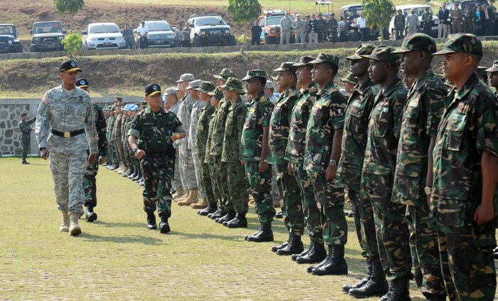 SENTUL, Indonesia (Aug. 19, 2014) -  U.S. Army Vincent K. Brooks (left), U.S. Army Pacific commanding general, and Indonesia Gen. Moeldoko, Indonesia armed forces commander, inspects troops as part of the opening ceremony that kicked off the largest peacekeeping training event this year at the Indonesia Peace and Security Center.  More than 800 participants representing 21 nations are participating in the Global Peace Operations Initiative Capstone Training Event Garuda Canti Dharma 2014 from Aug. 19 to Sept. 1, 2014 in Sentul, Indonesia. Garuda Canti Dharma is an Indonesian National Defense Force training event supported by the U.S. Pacific Command's GPOI Program.  140819-A-IX566-015

