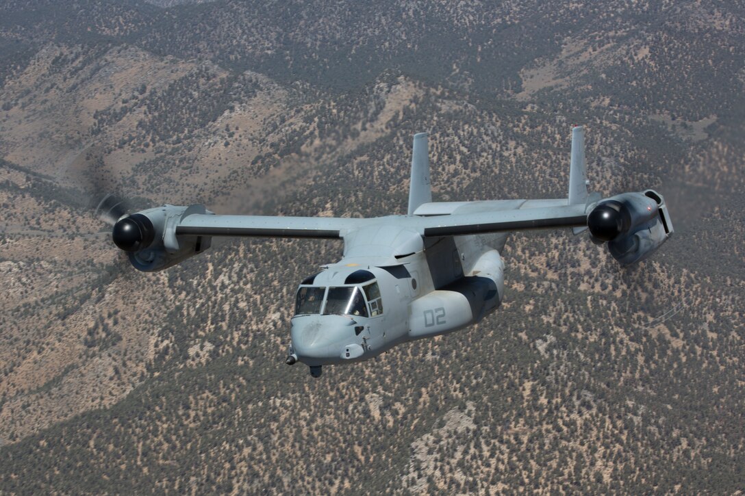 An MV-22B Osprey with Marine Medium Tiltrotor Squadron (VMM) 161 “Greyhawks,” flies after a troop-movement flight with Combat Logistics Battalion 15 over Southern California, Aug. 20. The squadron supported the logistics unit’s movement from Marine Corps Base Camp Pendleton, Calif., to the airport for a mountain training exercise. The flight doubled as a familiarization flight for both units who are slated to work together during their upcoming deployment with the 15th Marine Expeditionary Unit.