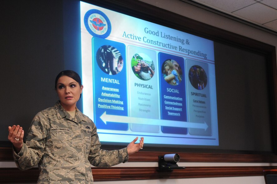 U.S. Air Force Staff Sgt. Robbie Powell-Greenwood, 20th Fighter Wing command chief executive, speaks during a Comprehensive Airman Fitness briefing at Shaw Air Force Base, S.C., Aug. 21, 2014. The goal of Comprehensive Airman Fitness is to strengthen the Air Force community to be more resilient and able to cope with the hard times.(U.S. Air Force photo by Airman 1st Class Michael Cossaboom/Released)