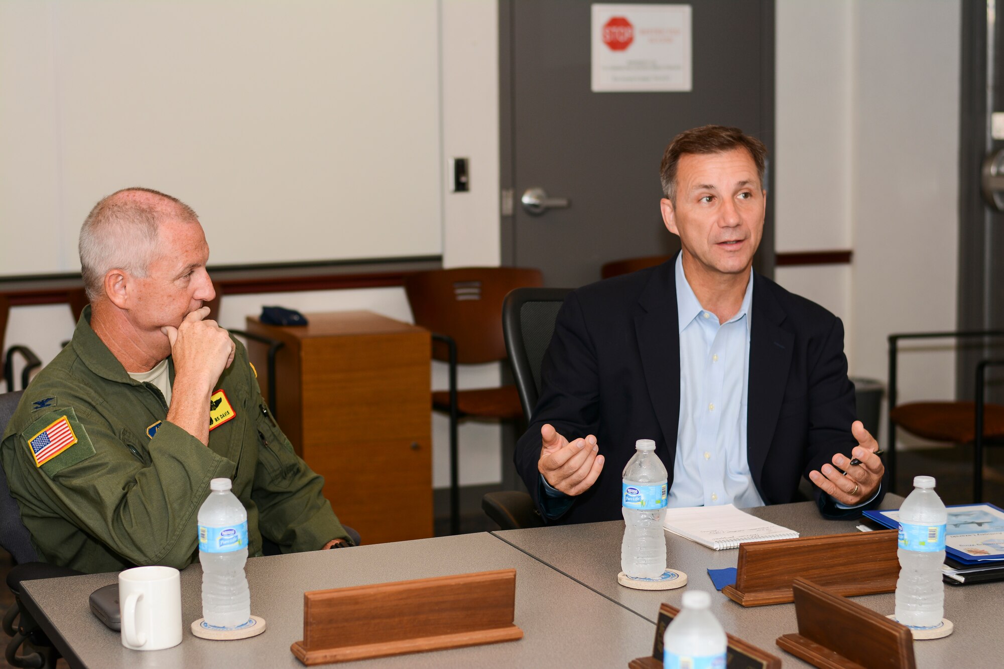 Mr. Anthony Lazarski, Senate Armed Services Committee Professional Staff Member discusses unit mission changes with 507th Air Refueling Wing commander, Col. Brian S. Davis Wednesday Aug. 20.  Several members from the SASC were briefed by Col. Davis and offered feedback on the pulse unit’s mission.  Other committee members spent time listening to Reserve and Guard members’ concerns about the future of the Air Force.  (U.S. Air Force photo/Senior Airman Mark Hybers)