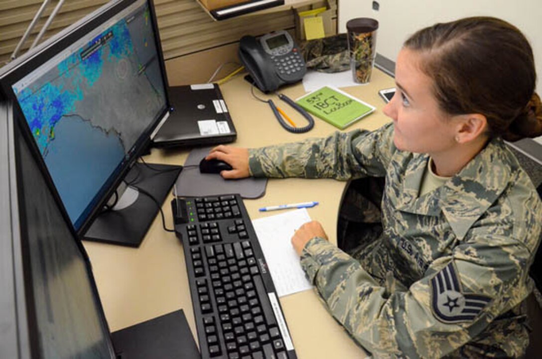 An Airmen tracks weather patterns over Florida during the July exercise with the 53rd Infantry Brigade Combat Team at Camp Blanding Joint Training Center. Photo by Staff Sgt. Jeremy Brownfield
