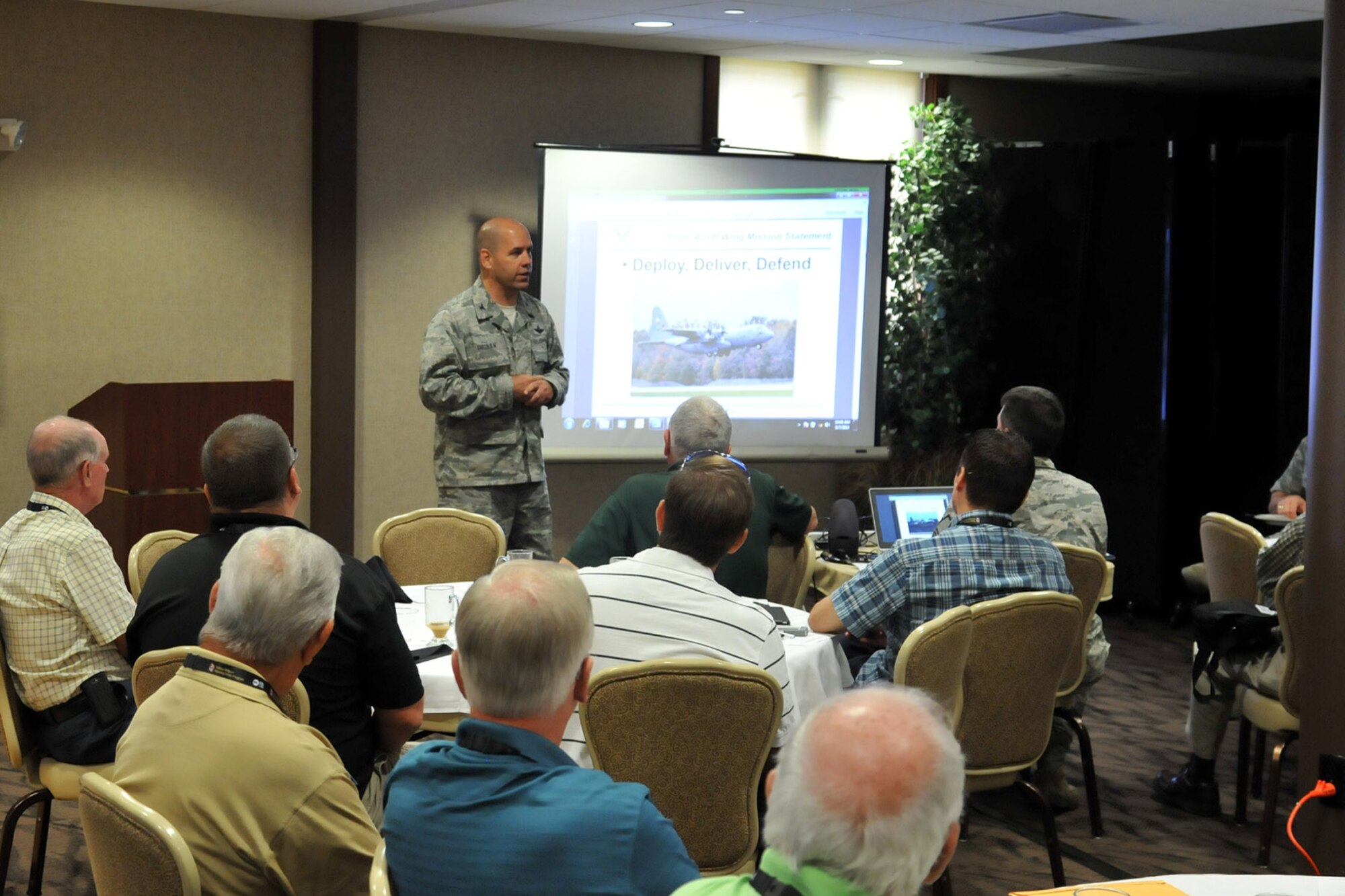 YOUNGSTOWN AIR RESERVE STATION, Ohio – Air Force Reserve Col. James Dignan, 910th Airlift Wing commander, welcomes attendees of the 2nd Annual Joint Employer Awareness Event at the Community Activity Center here, Aug. 7, 2014. The two-day event, designed to give civilian employers of Air Force Reservists and Ohio National Guardsmen a better understanding of the mission their employees carry out as members of the U.S. Armed Forces, also gave attendees the opportunity to get an up-close look at both the 910th's facilities and the Ohio National Guard's Joint Military Training Center, located at nearby Camp Ravenna, Ohio. U.S. Air Force photo by Tech. Sgt. James Brock