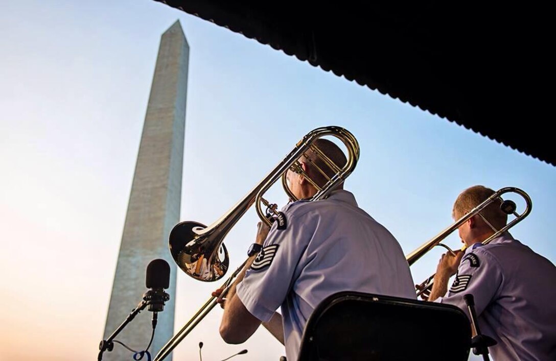 Tech. Sgts. Ben Polk and Kevin Cerovich during the Airmen of Note's performance at the National Sylvan Theater at the base of the Washington Monument, Aug 2. (U.S. Air Force Photo by Senior Master Sgt. Kevin Burns/released).