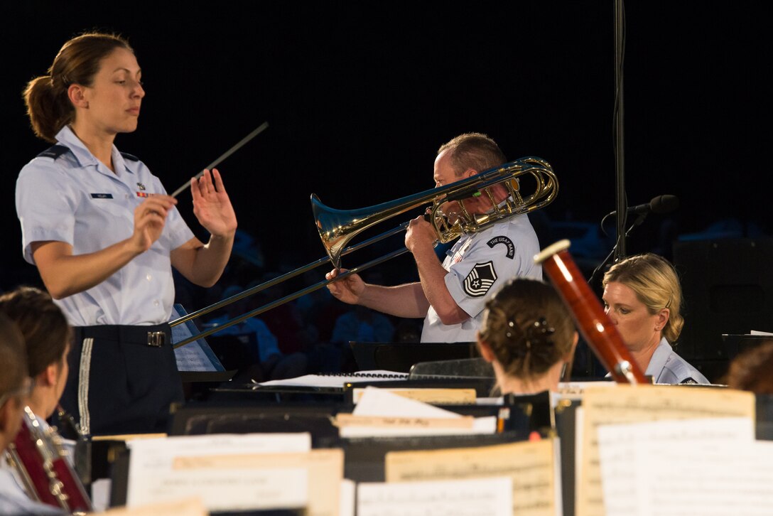 Master Sgt. Jay Heltzer performs a solo with the USAF Band at a summer concert at the Air Force Memorial on Aug. 15.  The performance was part of a program featuring "Music of the Americas," under the direction of Lt. Shanti Nolan. (Courtesy photo by retired Chief Master Sgt. Jan Duga)