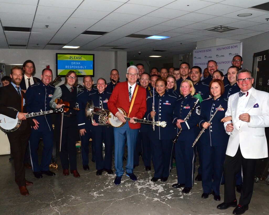 Members of the Band of the Golden West pose with Steve Martin & the Steep Canyon Rangers and Los Angeles Philharmonic conductor John Morris Russell before the Independence Day Fireworks Spectacular at the Hollywood Bowl, 2014. (courtesy photo)