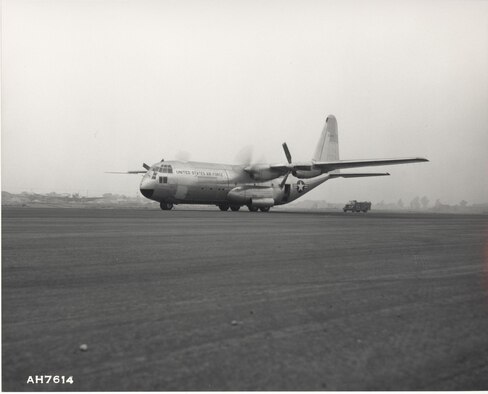 Archived photo of the YC-130 during its ferry flight from Burbank, California, to Edwards Air Force Base August 23, 1954. (U.S. Air Force photo) 
