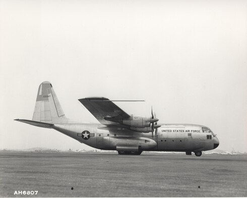 Archived photo of the YC-130 during its ferry flight from Burbank, California, to Edwards Air Force Base August 23, 1954. (U.S. Air Force photo) 
