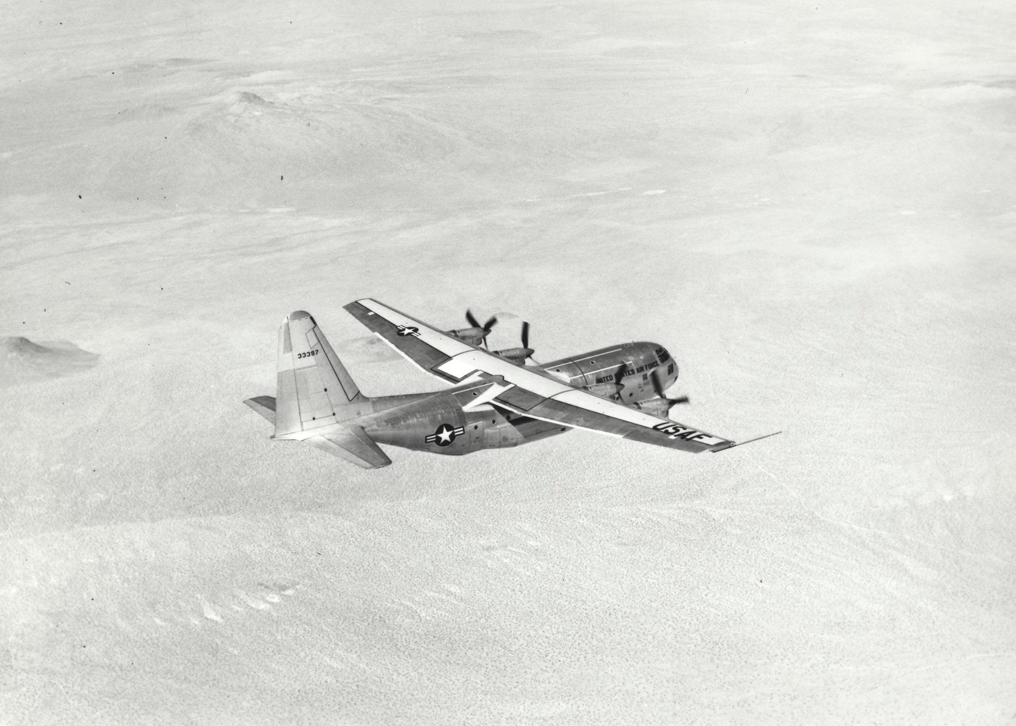 Archived photo of the YC-130 during its ferry flight from Burbank, Calif., to Edwards on August 23, 1954. (U.S. Air Force photo)
