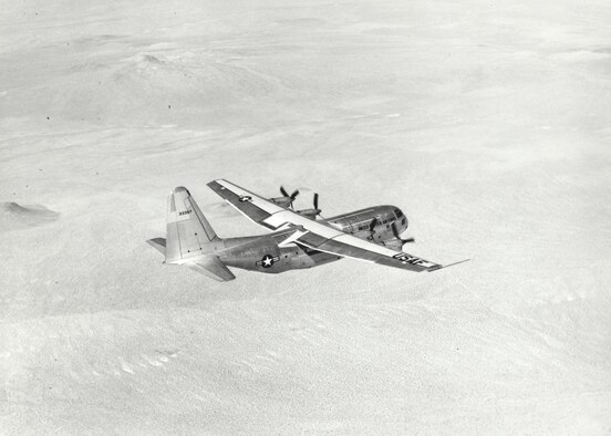 Archived photo of the YC-130 during its ferry flight from Burbank, California, to Edwards Air Force Base August 23, 1954. (U.S. Air Force photo) 


