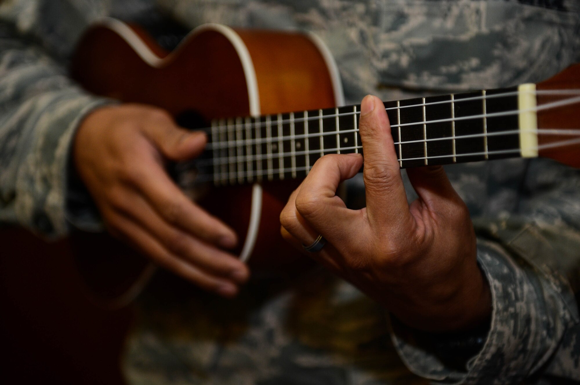 U.S. Air Force Tech. Sgt. Mark Romera, a 52nd Medical Support Squadron ultrasound technician from Daily City, Calif., plays a ukulele at a Filipino culture booth during a Diversity Day celebration at Spangdahlem Air Base, Germany, Aug. 21, 2014. Diversity Day aims to raise awareness and eliminate stereotypes to bolster mission effectiveness in the workplace. (U.S. Air Force photo by Airman 1st Class Kyle Gese/Released)