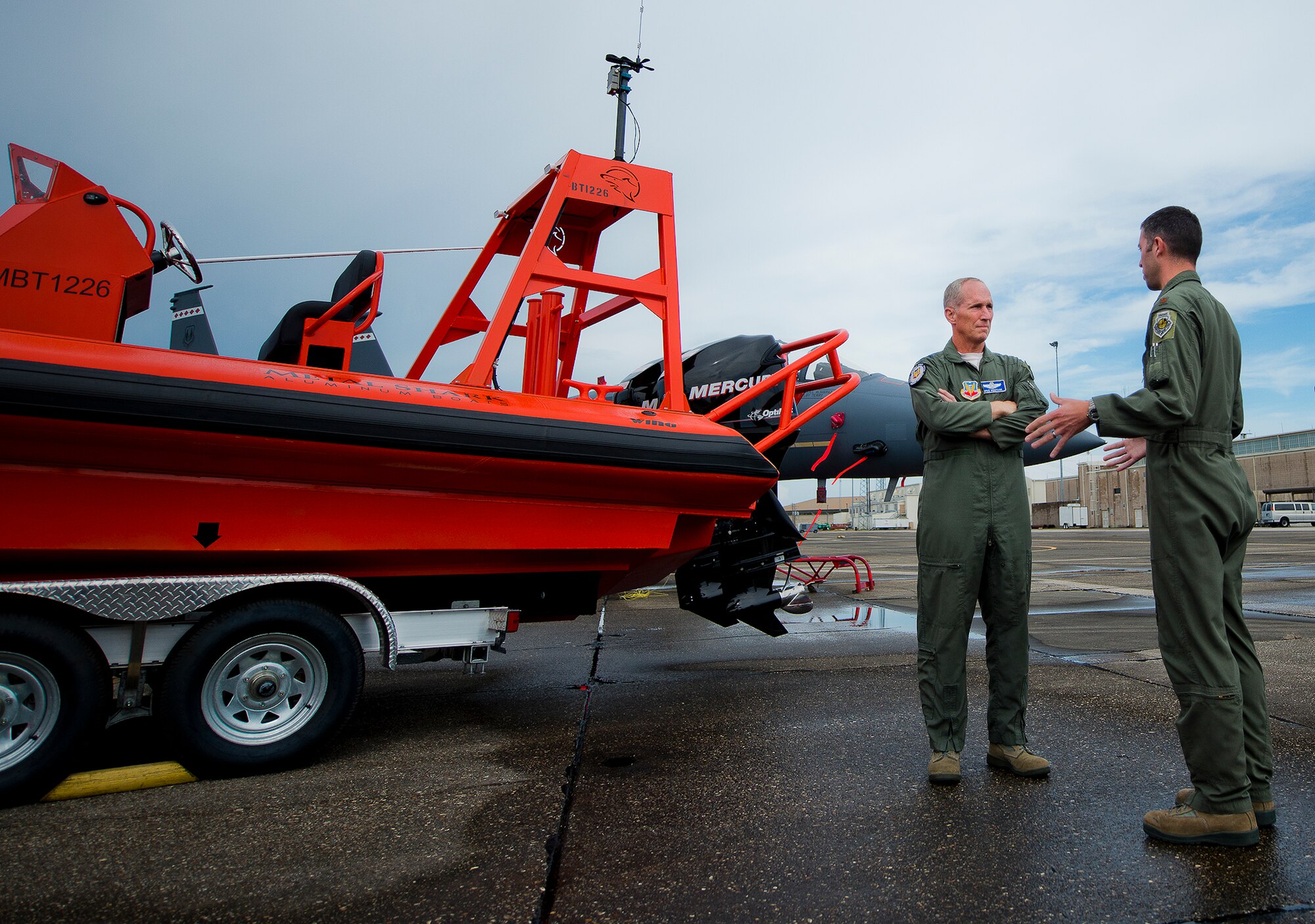 Gen. Michael Hostage, commander of Air Combat Command, receives a briefing from Maj. John Easton, 86th Fighter Weapons Squadron, about the 53rd Wing’s Combat Hammer boat operations program at Eglin Air Force Base, Fla., Aug. 18.  Hostage spent the entire day learning about the 53rd Wing mission and speaking with its Airmen.  (U.S. Air Force photo by Samuel King Jr.)