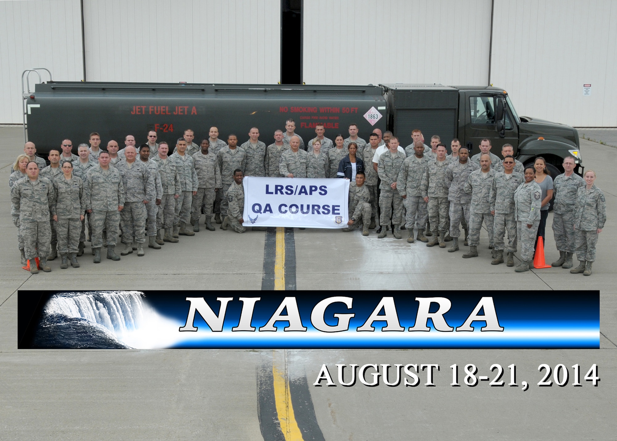 Logistics Readiness Squadron and Aerial Port Squadron members from all over the country pose for a group photo in front of an R-11 fuel truck on August 20, 2014 at the Niagara Falls Air Reserve Station, N.Y.  These LRS and APS members all attended a four day quality assurance course held at Niagara every year to qualify them as QA evaluators for their unit. Some members have attended this course from as far away as Joint Base Pearl Harbor Hickam in Hawaii. (U.S. Air Force photo by Peter Borys)