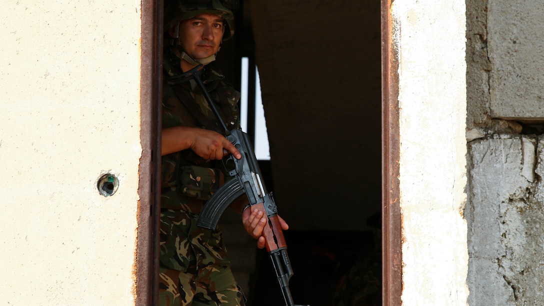A Bulgarian soldier stands at the alert during a humanitarian scenario while participating in the final exercise of Platinum Lion 14-2, Aug. 11, 2014 at Novo Selo Training Area, Bulgaria. During the seven-hour exercise, an escalating conflict between two socially-divided urban towns resulted in the deployment of peacekeeping entities. Platinum Lion 14-2 is an annually-scheduled training engagement that promotes and strengthens interoperability between regional partners, allies and U.S. forces through multilateral familiarization and training. Exercise Platinum Lion 14-2 includes U.S. Marines and sailors from 3rd Battalion, 8th Marine Regiment, as well as soldiers from Bulgaria, Romania and Serbia. 