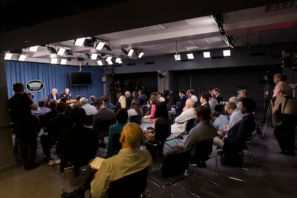 Defense Secretary Chuck Hagel and Army Gen. Martin E. Dempsey, chairman of the Joint Chiefs of Staff, brief reporters at the Pentagon, Aug. 21, 2014. 