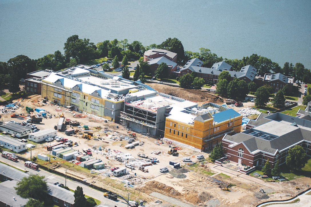 An aerial photograph of the construction of the Marine Corps University building aboard Marine Corps Base Quantico, Va., August 14, 2014. The photograph was taken to show each phase of the construction process. (U.S. Marine Corps photo by Cpl. Patrick H. Owens/ Released)
