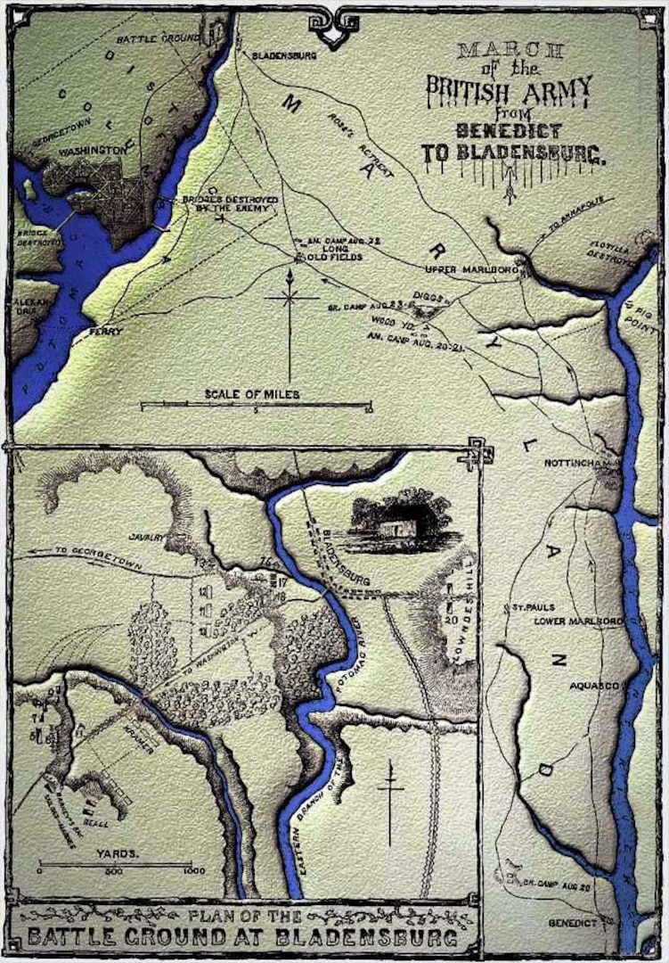 Colorized drawing of the British march from the coastal town of Benedict, Maryland, to Bladensburg, including the battleground map inset of the Bladensburg campaign.