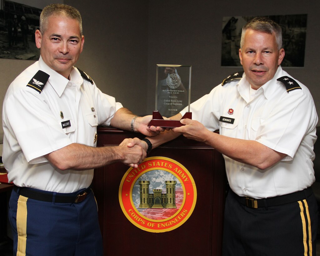 The U.S. Army Provost Marshal General recognized USACE as having the Best Antiterrorism Program (Army Major Subordinate Command) (FY13).  COL  Dan McElroy (Deputy Provost Marshal General)presents MG Todd Semonite with USACE's award.