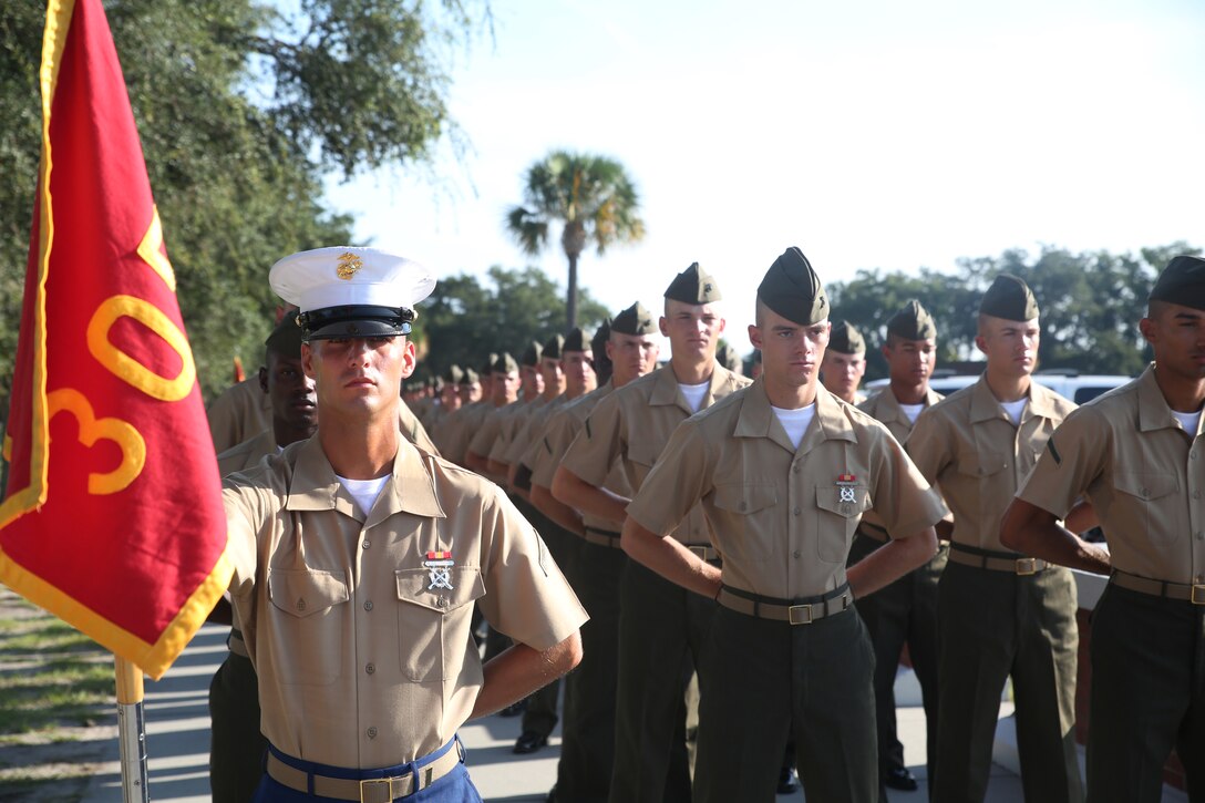Pfc. Jacob T. Stanek, honor graduate of platoon 3058, awaits graduation at Marine Corps Recruit Depot Parris Island, S.C., Aug. 22, 2014. Stanek, a Largo, Fla. native, was recruited by Sgt. Elvin Fernandeztorres, a recruiter from Marine Corps Recruiting Sub Station St. Petersburg, Recruiting Station Orlando. Recruit training signifies the transformation of a civilian to a United States Marine. Upon graduation, the newly-minted Marines will receive ten days of leave before attending the School of Infantry East, Camp Gieger, N.C. The Marines will be trained in basic infantry skills to ensure Marines are combat-ready. (U.S. Marine Corps Photo by Cpl. Stanley Cao)