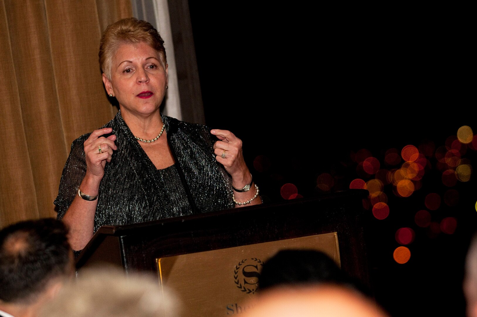 Jessica Wright, under secretary of defense for personnel and readiness, speaks during the inaugural National Guard Bureau J8 Summer Gala, Aug. 15, 201,4 in Arlington, Va. The event, organized and hosted by the NGB Office of Resource Management and Comptroller, aimed to promote morale and build esprit de corps within the NGB community. Wright, who is also a retired Army National Guard major general and former adjutant general of the Pennsylvania National Guard, was the keynote speaker for the evening. 