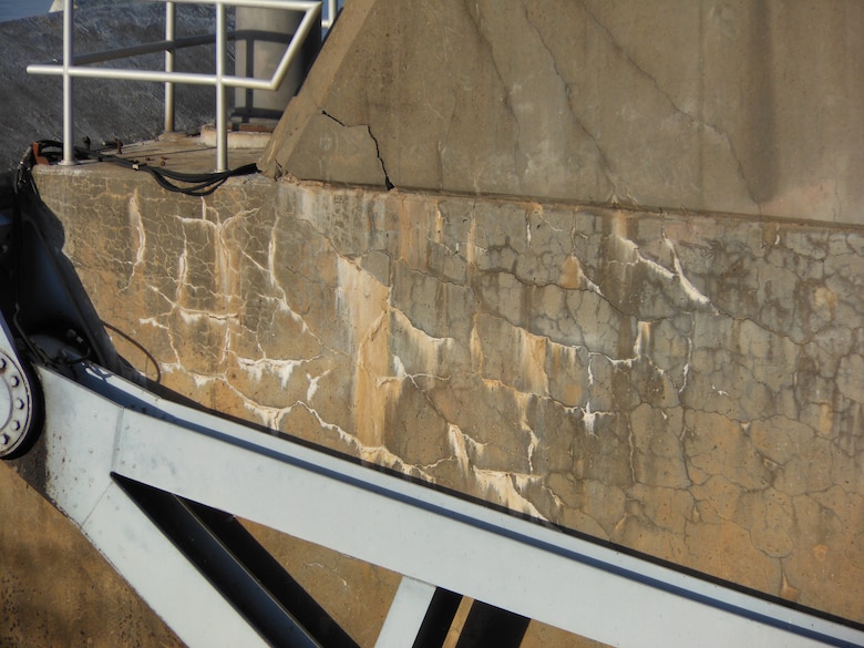 A severe alkali-silica reaction is shown in a dam pier at David Terry Lock and Dam in Pine Bluff, Arkansas. 
