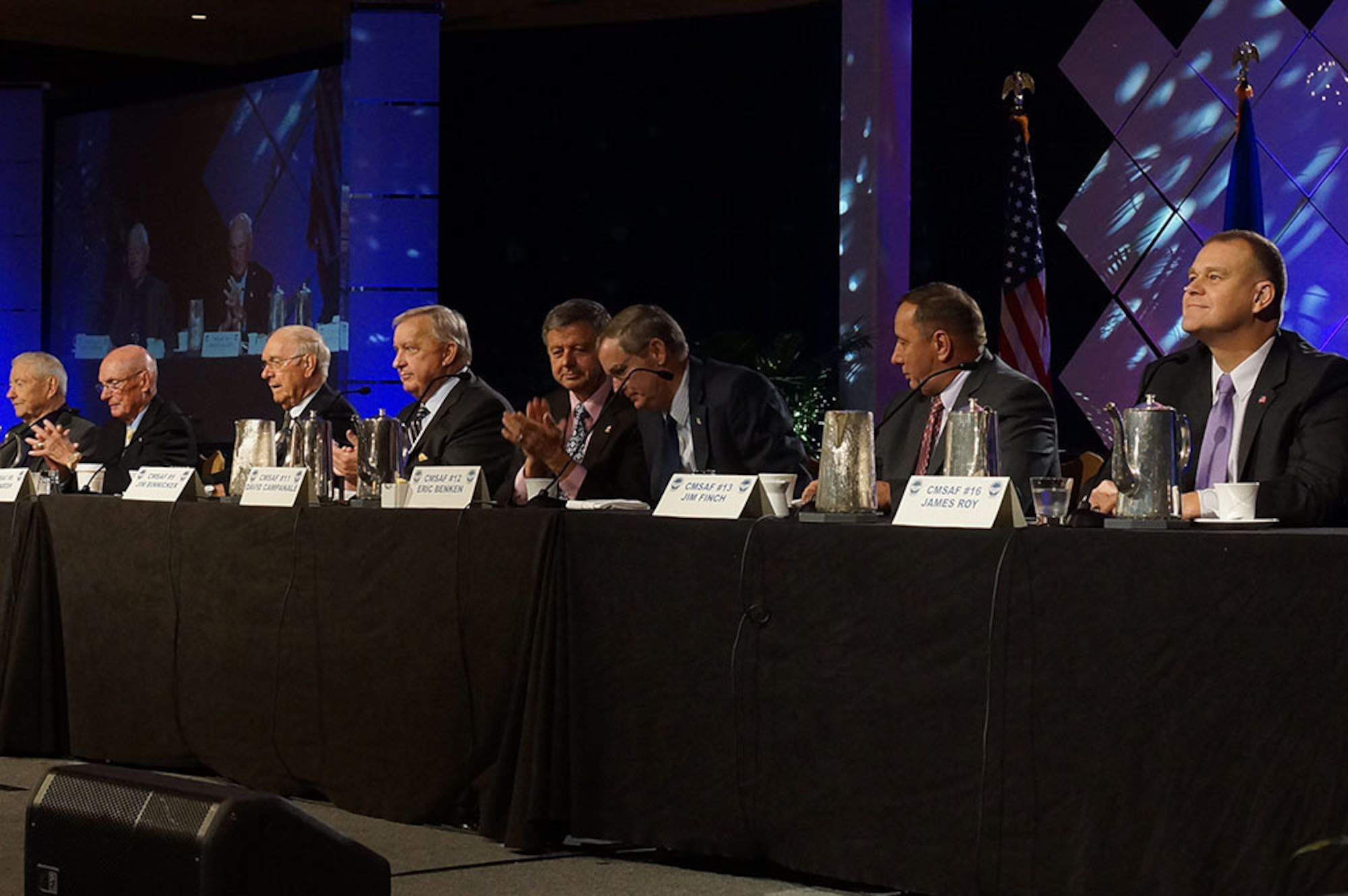 A panel of eight former chief master sergeants of the Air Force addresses an audience during the 2014 Air Force Sergeants Association Professional Airmen's conference Aug. 20, 2014, in Jacksonville, Fla. (Courtesy photo)