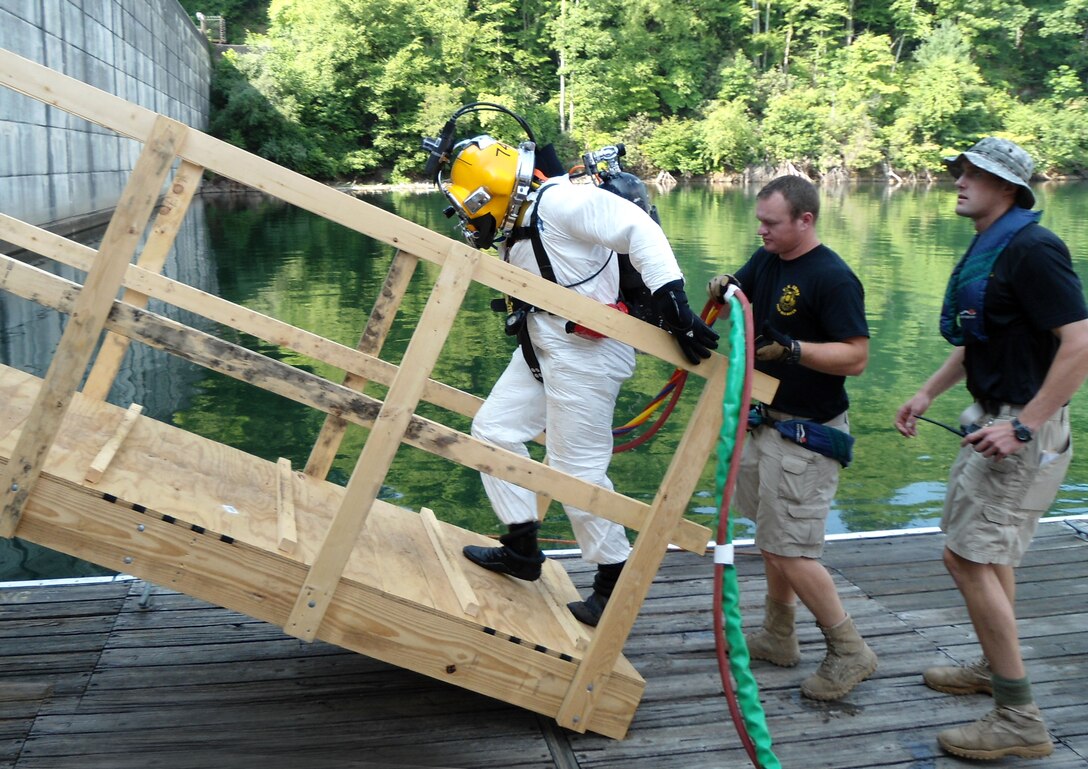 A Soldier surface supply diver is moments away from submerging to check for any discrepencies on the inner wall of Philpott Dam during a routine inspection of the structure. He wears a protective white suit over his dive suit to minimize damage from rubbing up against normal debris that accumulates on the wall.  (USACE photo by Powell Hughes) 