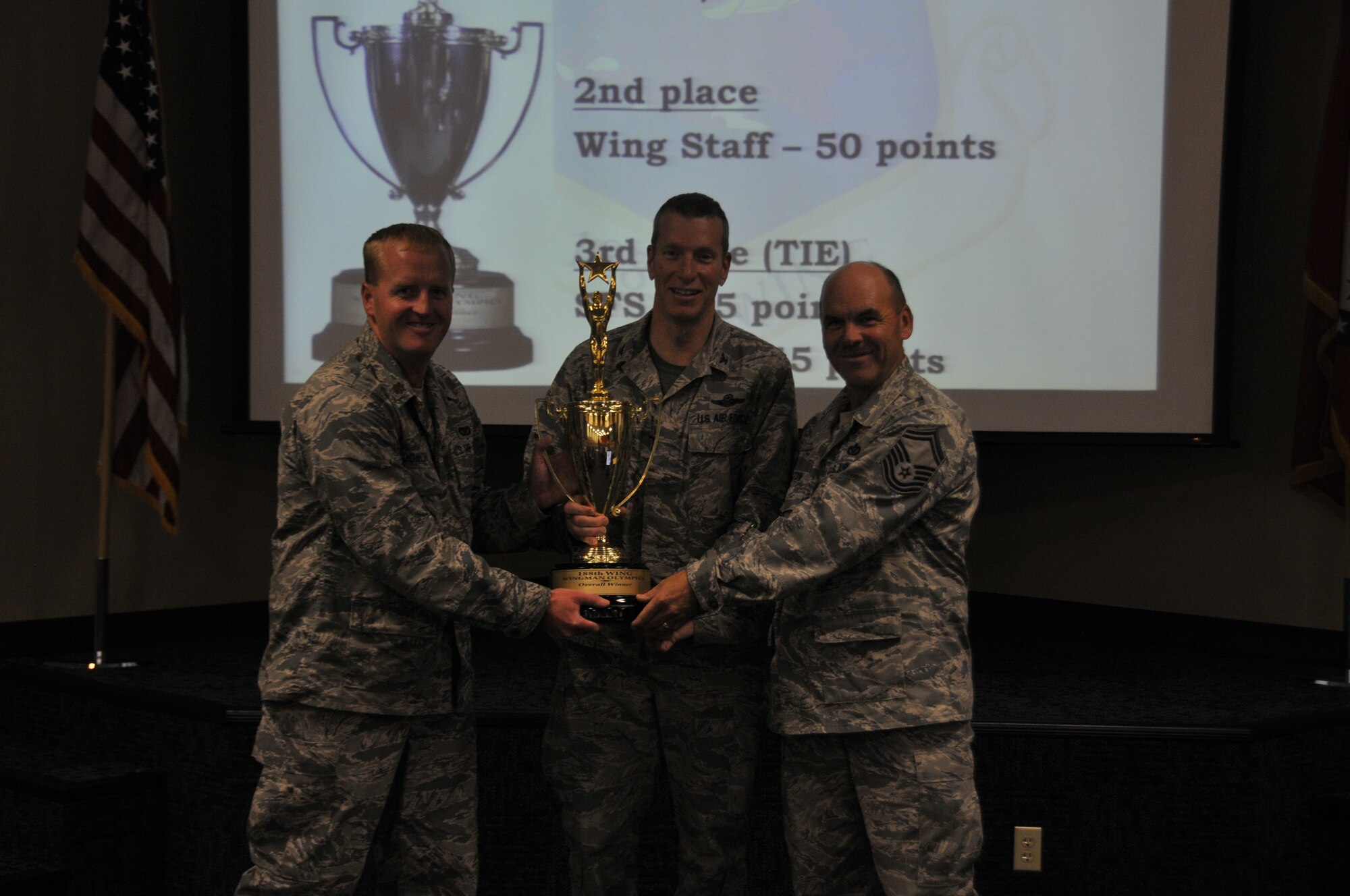 Col. Mark Anderson, 188th Wing commander, middle, presents the Wingman Day championship trophy to Maj. Drew Donohoe, left, and Senior Master Sgt. Gary Skelton, both members of the 188th Civil Engineering Squadron, during a commander’s call at Ebbing Air National Guard Base, Fort Smith, Arkansas, Aug. 3, 2014. The 188th CES won a tiebreaker with Wing Staff by scoring 50 points and logging points in more events to take the 2014 Wingman Day title. (U.S. Air National Guard photo by Staff Sgt. John Suleski/released)