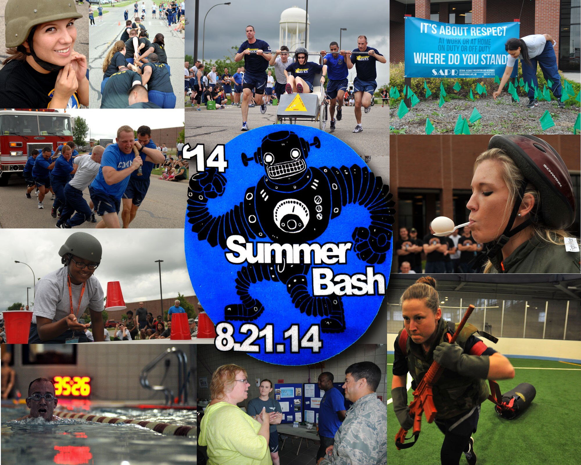 The Warriors of the North took a day away from their normal schedules Aug. 21, 2014, to enjoy the warm sunshine, camaraderie and friendly rivalry of Summer Bash 2014. Summer Bash, as well as its counterpart, Winter Bash, is an annual event held on Grand Forks Air Force Base, N.D., designed to boost morale and increase esprit de corps. (U.S. Air Force photo collage/Staff Sgt. Luis Loza Gutierrez) 

