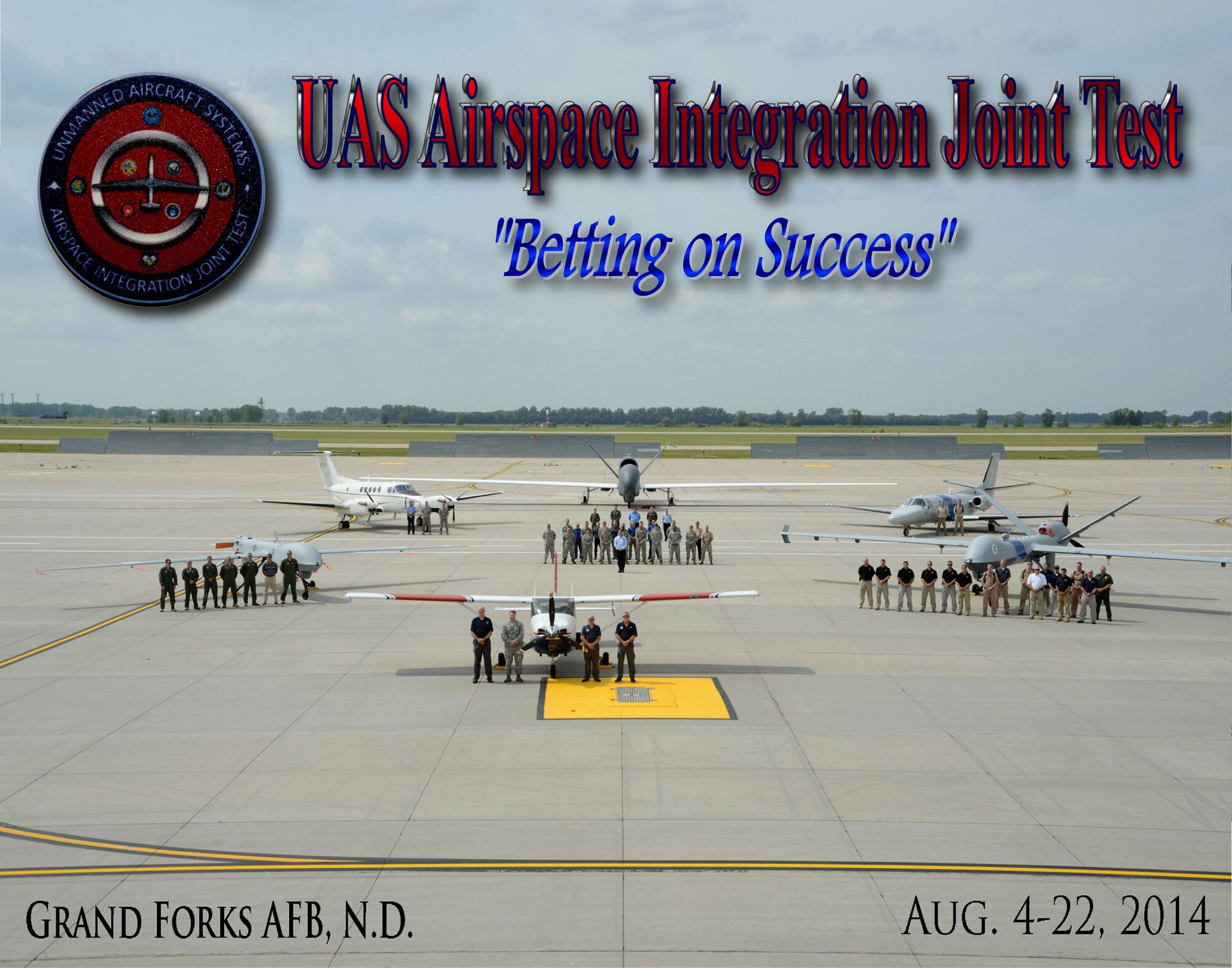 Members of multiple federal organizations pose for a group photo featuring both manned and unmanned aircraft from their respective organizations, Aug. 20, 2014, on the flightline of Grand Forks Air Force Base, N.D. The group photo was done as a way of commemorating the historic achievement of the first ever Unmanned Aircraft Systems Airspace Integration Joint Test in the U.S. that took place Aug. 4-22, 2014. The test included approximately 100 uniformed and civilian team members from the Federal Aviation Administration, the North Dakota Civil Air Patrol, the U.S. Customs and Border Protection, the U.S. Marine Corps, the U.S. Army, active-duty Airmen from Grand Forks AFB and Airmen assigned to the 119th Wing, Detachment 1, from the North Dakota Air National Guard. (U.S. Air Force photo/Master Sgt. David Lipp. Photo illustration and graphics/Staff Sgt. Luis Loza Gutierrez)