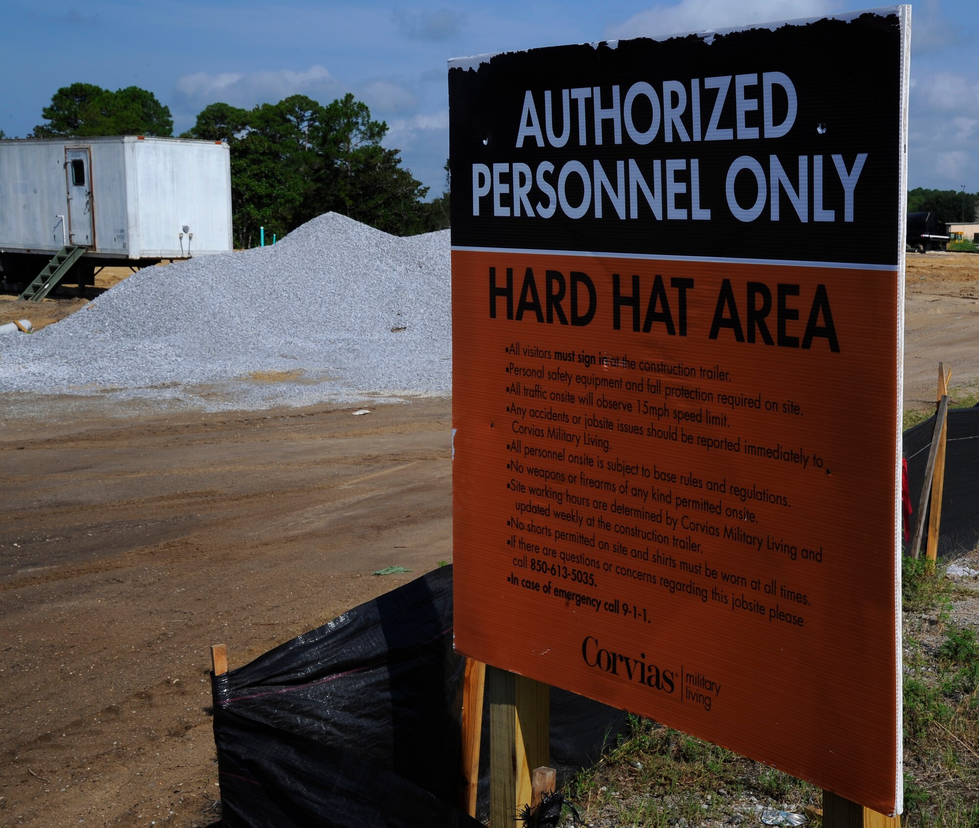 A sign at the Osprey Landing neighborhood construction site warns passerbys that only authorized personnel are allowed in that area due to safety concerns. The Osprey Landing neighborhood construction site is located on the south side of Hurlburt Field. (U.S. Air Force photo by Staff Sgt. Sarah Hanson)