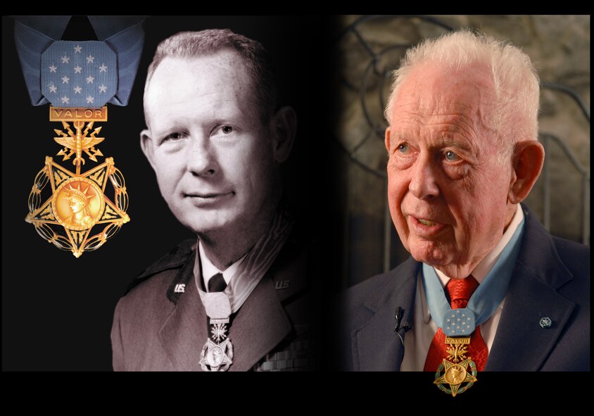 Photo collage of Maj. Bernard Fisher in January 1967, left, and retired Col. Fisher in February 2008. For his heroic actions, President Lyndon B. Johnson awarded Fisher the Medal of Honor on Jan. 19, 1967. The setting for this action was the A Shau Valley -- a narrow, 25-mile long valley below the Demilitarized Zone between North and South Vietnam and near the Laotian border. (U.S. Air Force graphic by Staff Sgt. Steven R. Doty)(Released)