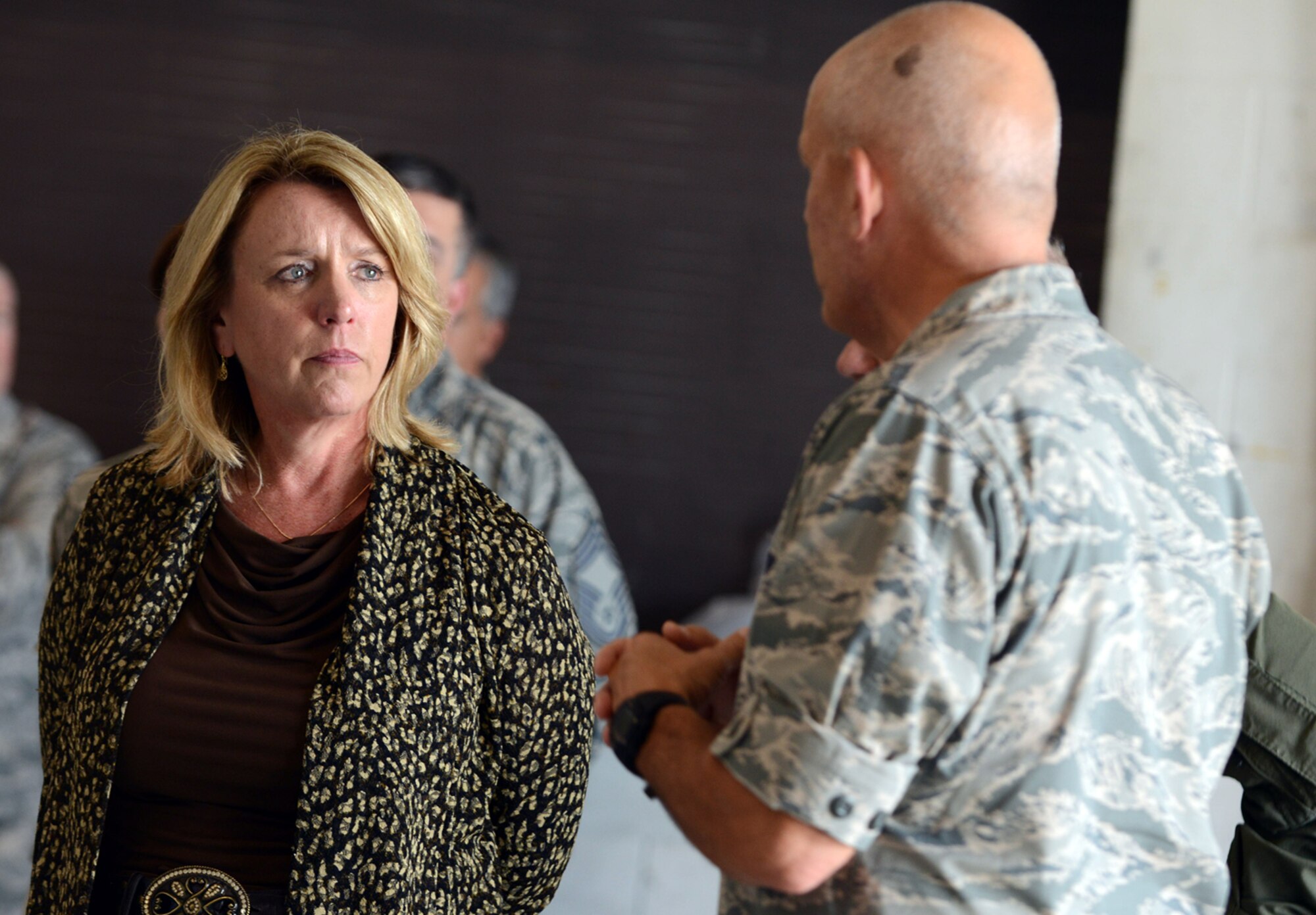Secretary of the Air Force Deborah Lee James receives a briefing from Col. Kelly Scott, 461st Maintenance Group commander, during a tour of the 461st and 116th Air Control wings at Robins Air Force Base, Ga. Aug. 21, 2014. During her tour of Robins Air Force Base, James also visited Air Force Reserve Command, the 78th Air Base Wing and the Warner Robins Air Logistics Complex. (U.S. Air Force photo by Tommie Horton)