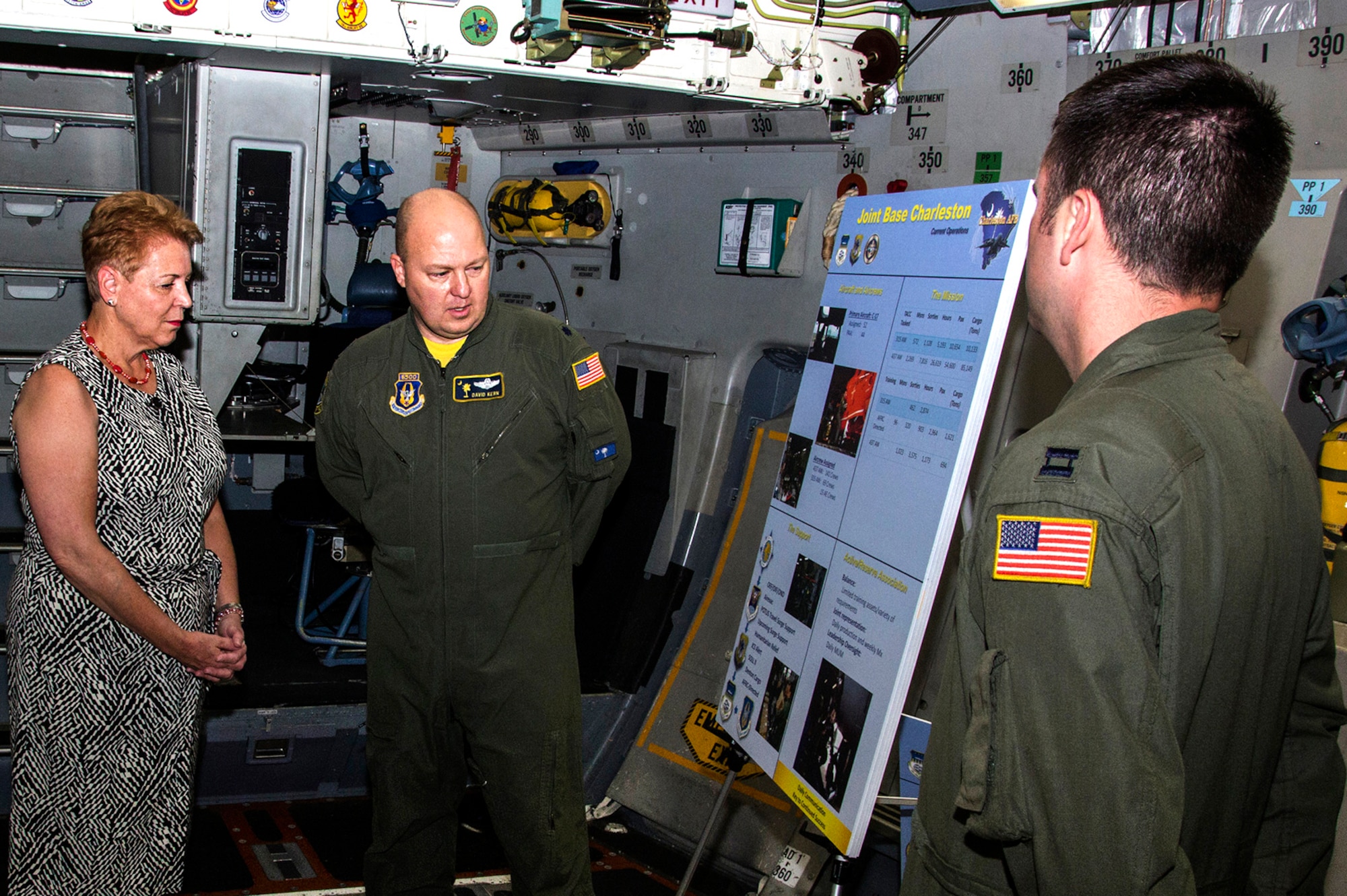 Lt. Col. David Kern, 317th Airlift Squadron pilot, briefs the Honorable Jessica L. Garfola Wright, Under Secretary of Defense for Personnel and Readiness, about the integrated Active Duty and Reserve program from the inside of a C-17 Globemaster III aircraft at Joint Base Charleston, S.C. Aug. 22, 2014. Wright is the senior policy advisor to the secretary of defense on recruitment, career development, pay and benefits for 1.4 million Active-Duty military servicemembers, 1.1 million Guard and Reserve servicemembers, 740,000 Department of Defense civilians, and is responsible for overseeing the overall state of military readiness. (U.S. Air Force photo/Staff Sgt. Rashard Coaxum)