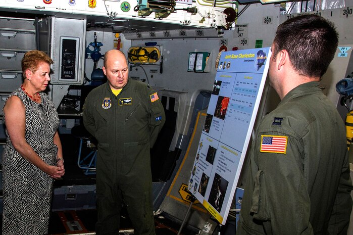 Lt. Col. David Kern, 317th Airlift Squadron pilot, briefs the Honorable Jessica L. Garfola Wright, Under Secretary of Defense for Personnel and Readiness, about the integrated Active Duty and Reserve program from the inside of a C-17 Globemaster III aircraft at Joint Base Charleston, S.C. Aug. 22, 2014. Wright is the senior policy advisor to the secretary of defense on recruitment, career development, pay and benefits for 1.4 million Active-Duty military servicemembers, 1.1 million Guard and Reserve servicemembers, 740,000 Department of Defense civilians, and is responsible for overseeing the overall state of military readiness. (U.S. Air Force photo/Staff Sgt. Rashard Coaxum)