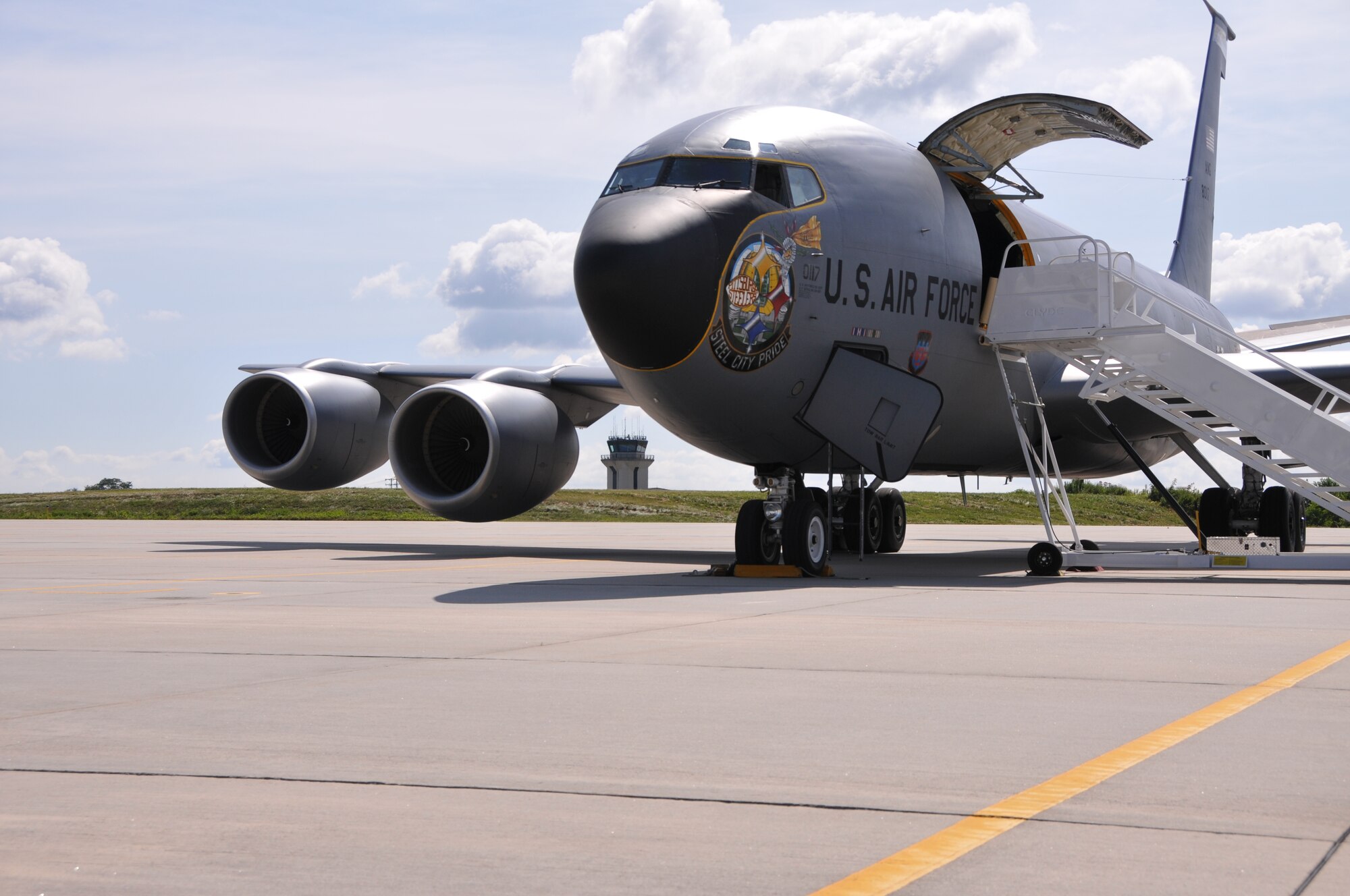 Pennsylvania Air and Army National Guardsmen from the 171st Air Refueling Wing, the 258th Air Traffic Control Squadron, a geographically separated unit of the 171st, and the 1-104th Attack Reconnaissance Battalion participate in a joint exercise with the Pennsylvania Emergency Management Agency (PEMA) at the John P. Murtha Cambria County Airport in Johnstown Pennsylvania, 15 August, 2014. This proof of concept exercise was to prove a KC-135 aircraft could land at the county airport and provide transportation for the Helicopter Aquatic Rescue Team (HART) personnel and their equipment along with Pennsylvania Army National Guardsmen and PEMA personnel. This proposed process could increase response time for emergency responders in the event of an emergency. It’s a historic event for the 258th as this is the first time a KC-135, based at the171st near Pittsburgh, will land at the county airport in Johnstown. (Pennsylvania Air National Guard Photo by Senior Airmen Nicole Luben / Released)