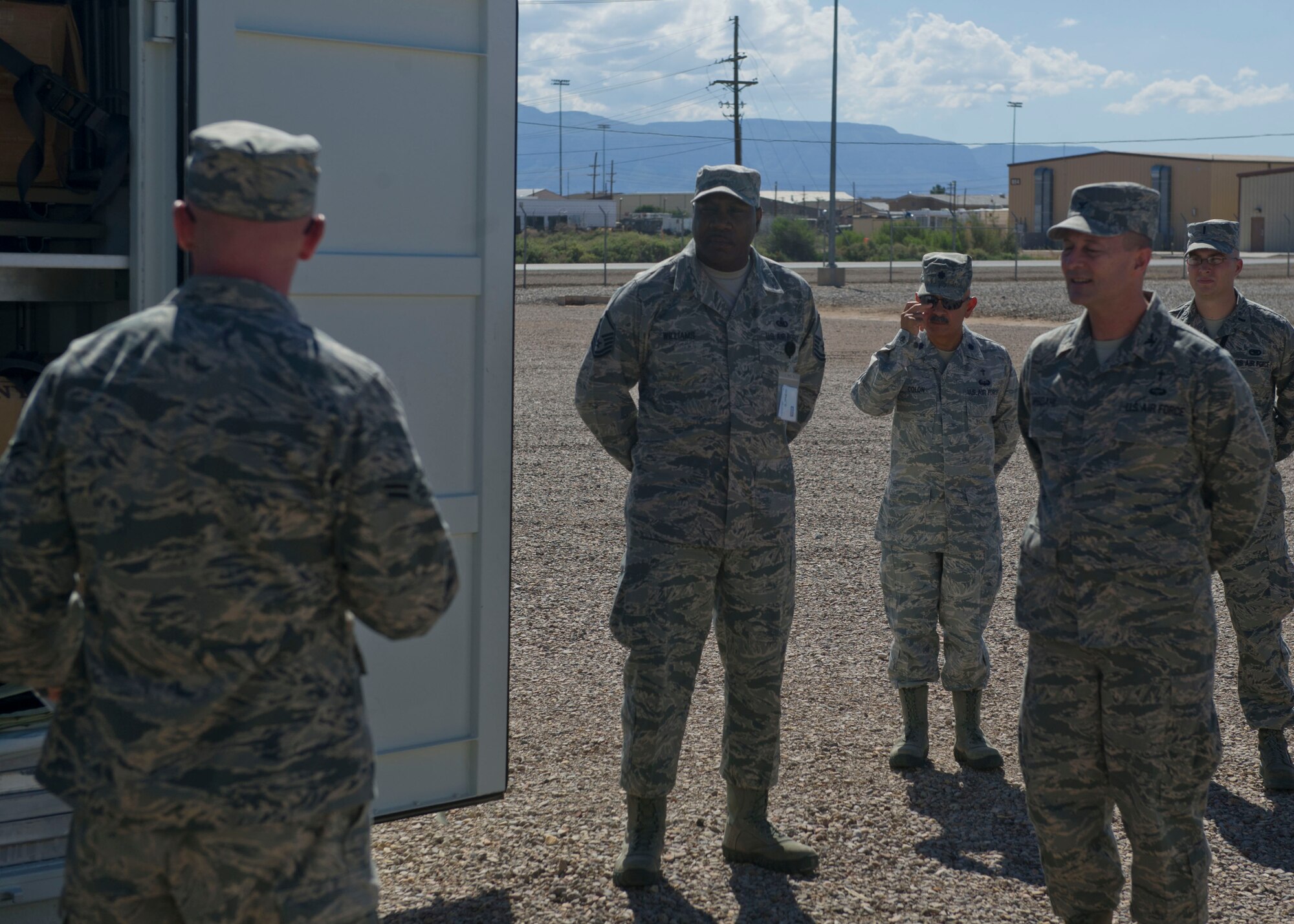 Colonel Scott Ofsdahl, Air Combat Command chaplain, tours the Deployable Chapel outside of the 49th Materiel Maintenance Squadron during his three-day visit ensuring the well-being of Holloman chaplains and their fellow Airmen at Holloman Air Force Base, N.M., Aug. 19. During his time here Ofsdahl reviewed chapel programs and had time to interview with each chaplain to ensure proper spiritual support is readily available for all Team Holloman members. The deployable chapel seats 50-75 personnel at any given time. (U.S. Air Force photo by Airman 1st Class Chase Cannon/Released)