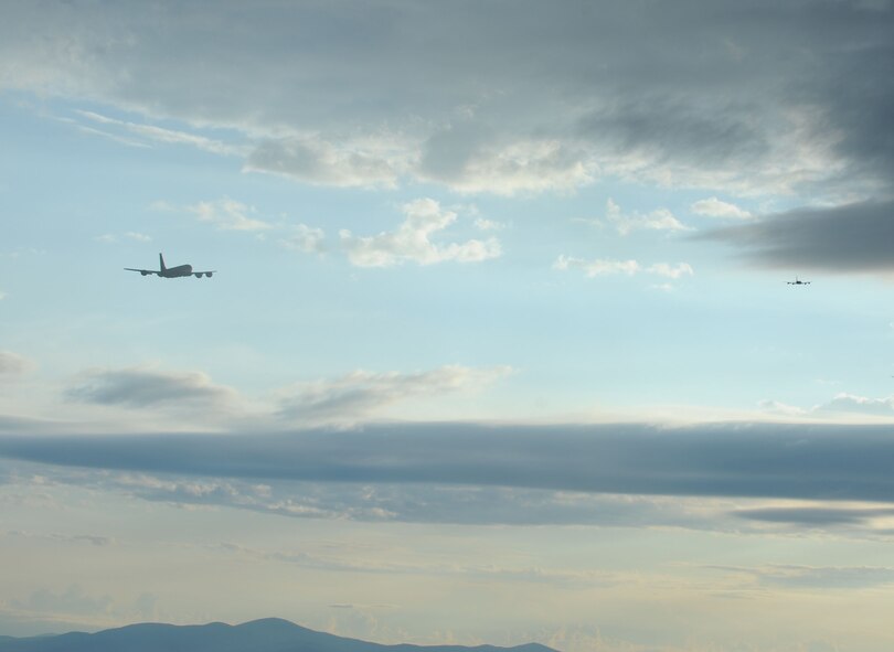 A KC-135 Stratotanker flies over head during an operational readiness exercise at Fairchild Air Force Base, Washington, Aug. 22, 2014. The Wing Inspection Team-planned exercise allowed 92nd and 141st Air Refueling Wing Total Force Integration units to test and evaluate their capabilities to provide responsive aerial refueling and operational support for the full range of military missions worldwide. (U.S. Air Force photo by Staff Sgt. Samantha Krolikowski/Released)