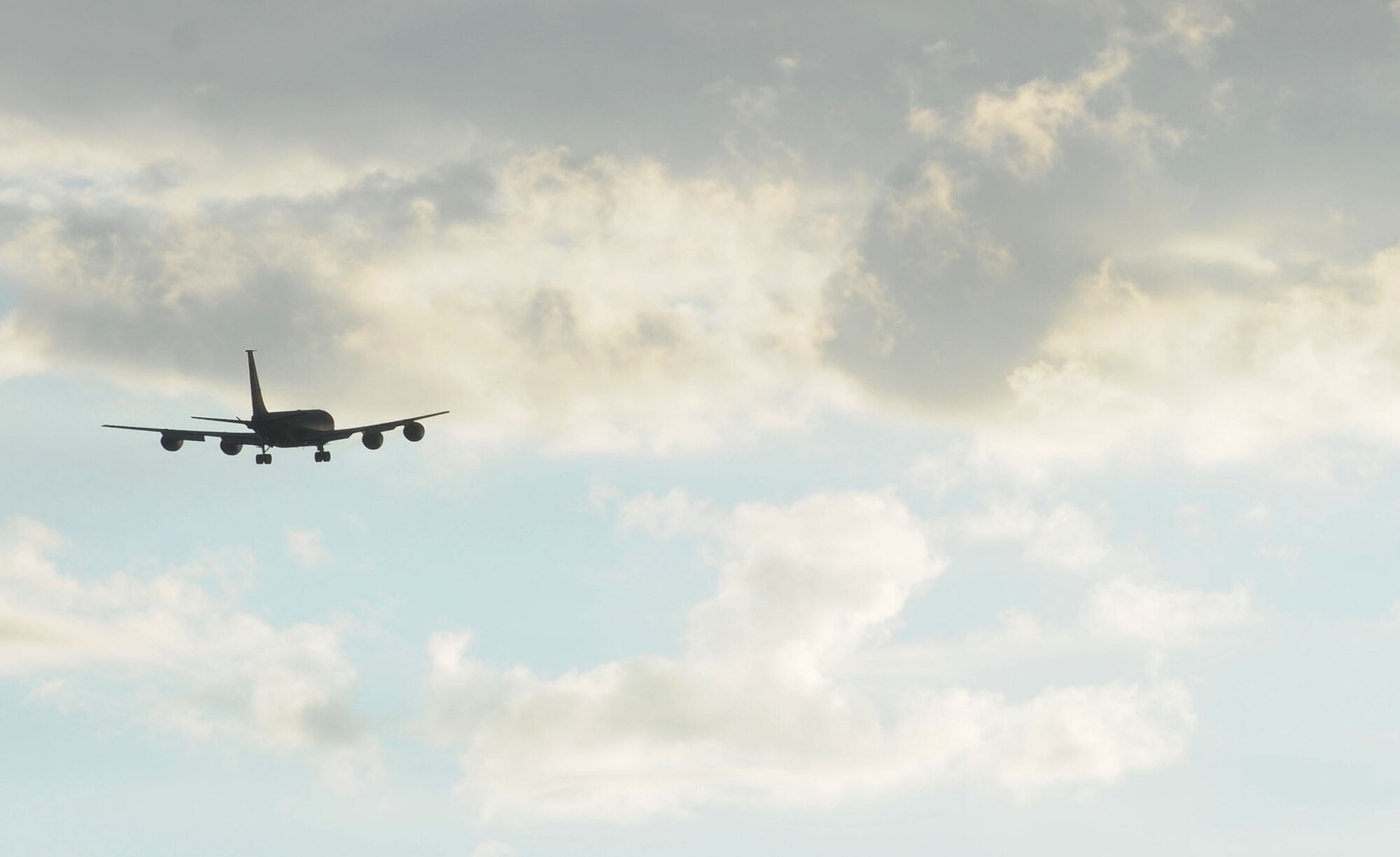 A KC-135 Stratotanker flies over head during an operational readiness exercise at Fairchild Air Force Base, Washington, Aug. 22, 2014. The Wing Inspection Team-planned exercise allowed 92nd and 141st Air Refueling Wing Total Force Integration units to test and evaluate their capabilities to provide responsive aerial refueling and operational support for the full range of military missions worldwide. (U.S. Air Force photo by Staff Sgt. Samantha Krolikowski/Released)