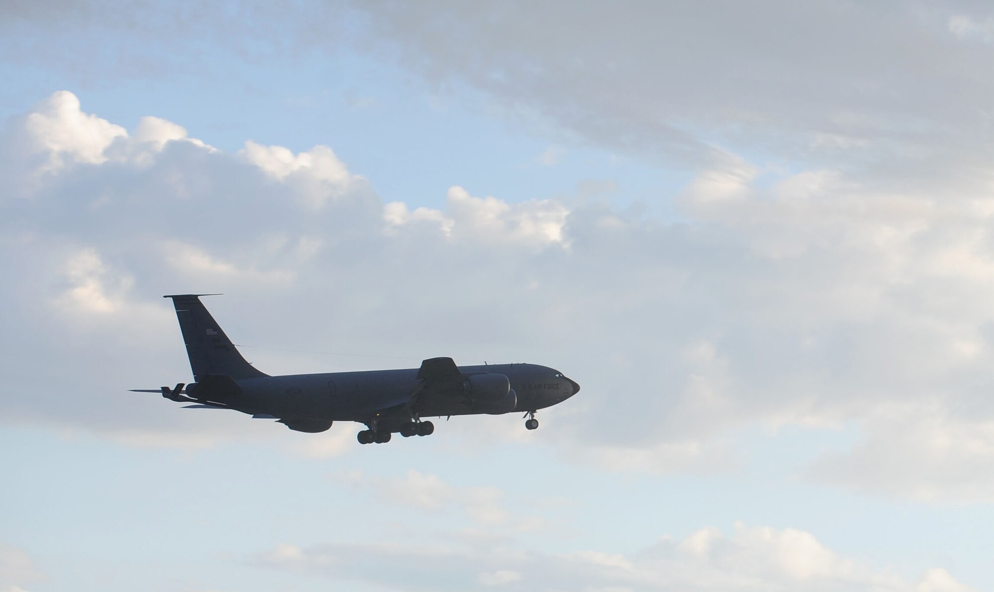 A KC-135 Stratotanker flies over head during an operational readiness exercise at Fairchild Air Force Base, Washington, Aug. 22, 2014. The Wing Inspection Team-planned exercise allowed 92nd and 141st Air Refueling Wing Total Force Integration units to test and evaluate their capabilities to provide responsive aerial refueling and operational support for the full range of military missions worldwide. (U.S. Air Force photo by Staff Sgt. Samantha Krolikowski/Released)