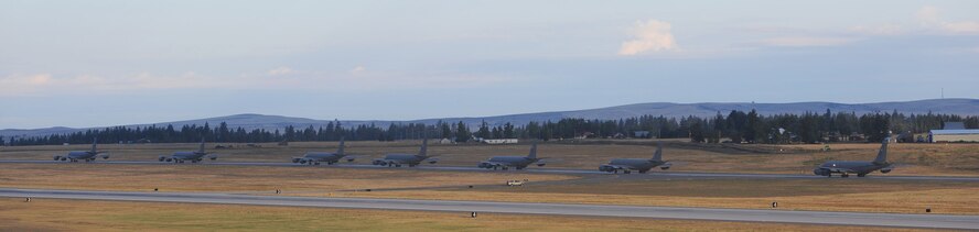 Team Fairchild KC-135 Stratotankers taxi to the runway during an operational readiness exercise at Fairchild Air Force Base, Washington, Aug. 22, 2014. The Wing Inspection Team-planned exercise allowed 92nd and 141st Air Refueling Wing Total Force Integration units to test and evaluate their capabilities to provide responsive aerial refueling and operational support for the full range of military missions worldwide. (U.S. Air Force photo by Staff Sgt. Samantha Krolikowski/Released)