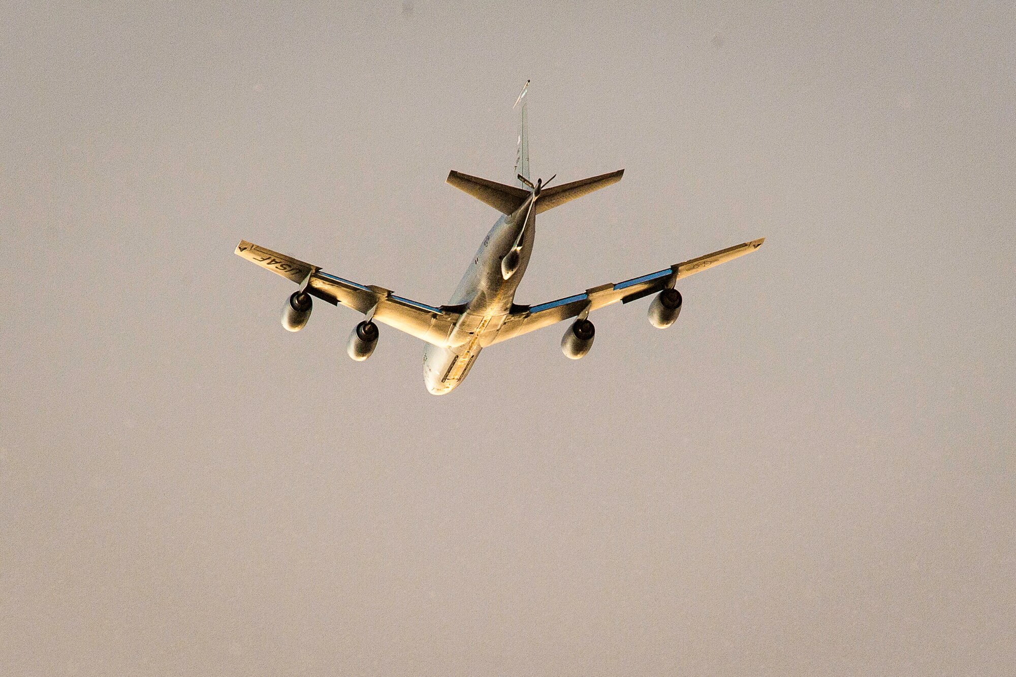 A KC-135 Stratotanker flies over head during an operational readiness exercise at Fairchild Air Force Base, Washington, Aug. 22, 2014. The Wing Inspection Team-planned exercise allowed 92nd and 141st Air Refueling Wing Total Force Integration units to test and evaluate their capabilities to provide responsive aerial refueling and operational support for the full range of military missions worldwide. (U.S. Air Force photo by Staff Sgt. Benjamin W. Stratton/Released)