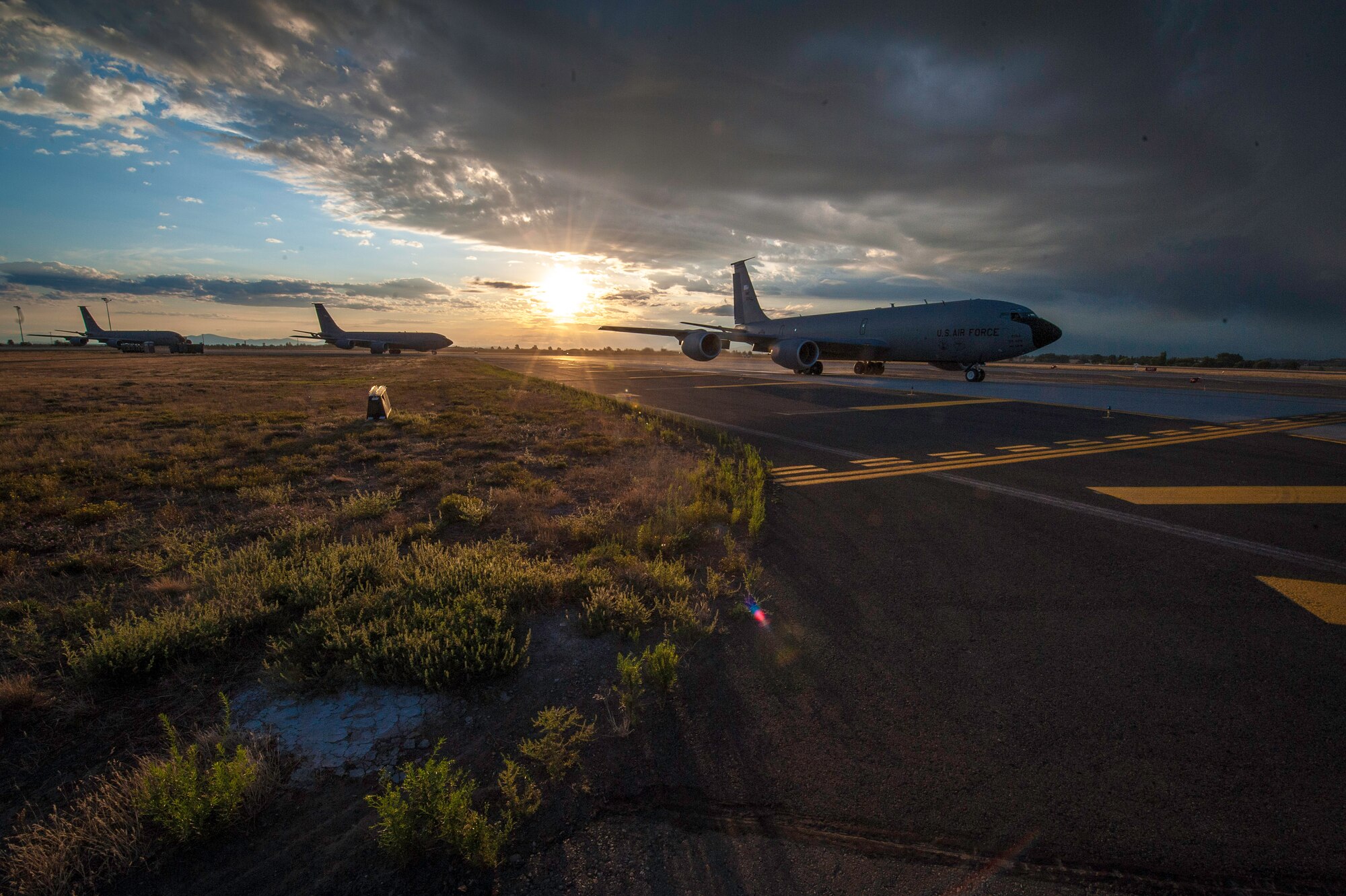 Team Fairchild KC-135 Stratotankers taxi to the runway during an operational readiness exercise at Fairchild Air Force Base, Washington, Aug. 22, 2014. The Wing Inspection Team-planned exercise allowed 92nd and 141st Air Refueling Wing Total Force Integration units to test and evaluate their capabilities to provide responsive aerial refueling and operational support for the full range of military missions worldwide. (U.S. Air Force photo by Staff Sgt. Benjamin W. Stratton/Released)