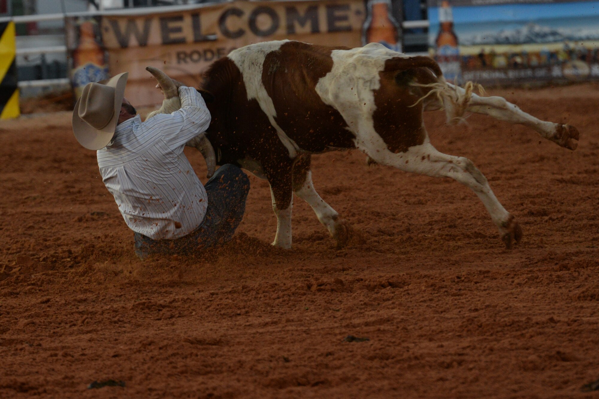 ALTUS, Okla. – An Altus cowboy wrestles a young steer during the 36th Annual Great Plains Stampede Rodeo at the Altus rodeo arena, Aug. 21 2014. During the steer wrestling event, contestants have to jump from the back of a moving horse and wrestle a running steer to the ground. The military appreciation night at the Great Plains Stampede Rodeo arena included events like the barrel racing, bull and bronco riding and steer wrestling. (U.S. Air Force photo by Airman 1st Class J. Zuriel Lee/Released)
