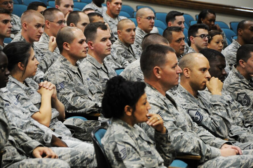Airmen from the Air Force District of Washington and 844th Communication Group attend an enlisted call at the base theater on Joint Base Andrews, Maryland, Aug. 20, 2014. The enlisted call covered issues regarding topics such as new enlisted evaluation report, career vectoring and force management. (U.S. Air Force photo/Staff Sgt. Matt Davis)