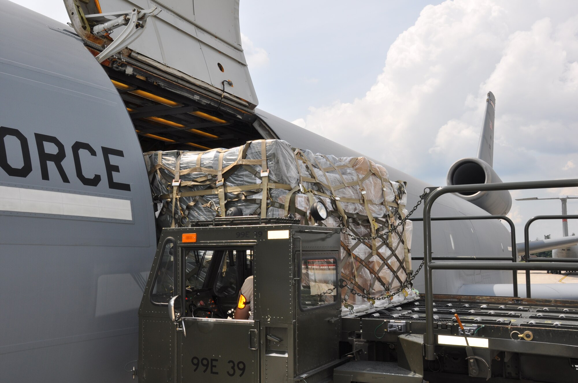 A KC-10 Extender from the 76th Air Refueling Squadron at Joint Base McGuire-Dix-Lakehurst is loaded with various supplies for the first leg of a multipurpose trip to Ramstein Air Base, Germany July 25. The supplies are destined for locations on the European continent and the Middle East (U.S. Air Force photo/Senior Airman Chelsea Smith).