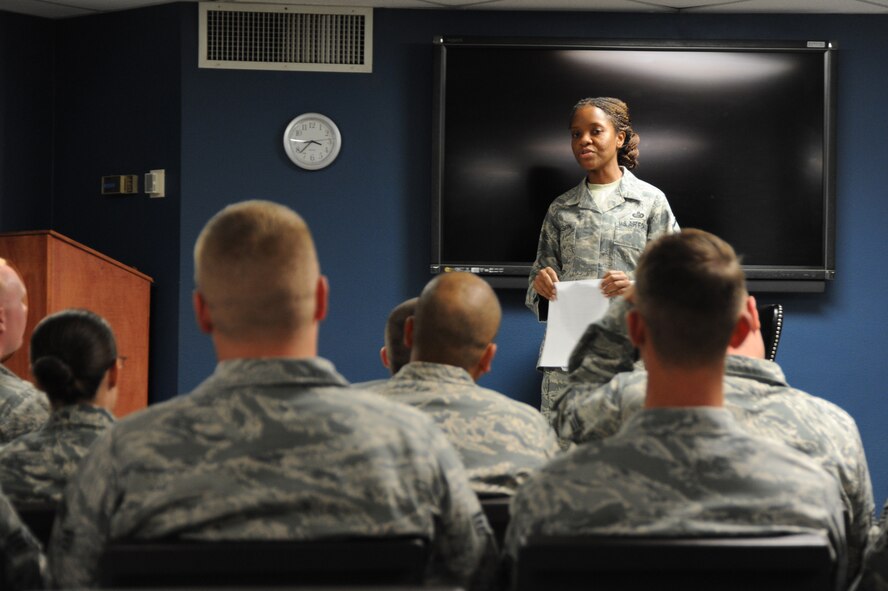 Master Sgt. Sheris Poisson, 56th Force Support Squadron Airman Leadership School commandant, briefs students Aug. 12 about the active-shooter exercise Aug. 15 at Luke Air Force Base. Poisson asked the Airmen about proper procedures in response to an active shooter to help prepare them for both the exercise and real world situations. (U.S. Air Force photo/Airman 1st Class James Hensley)