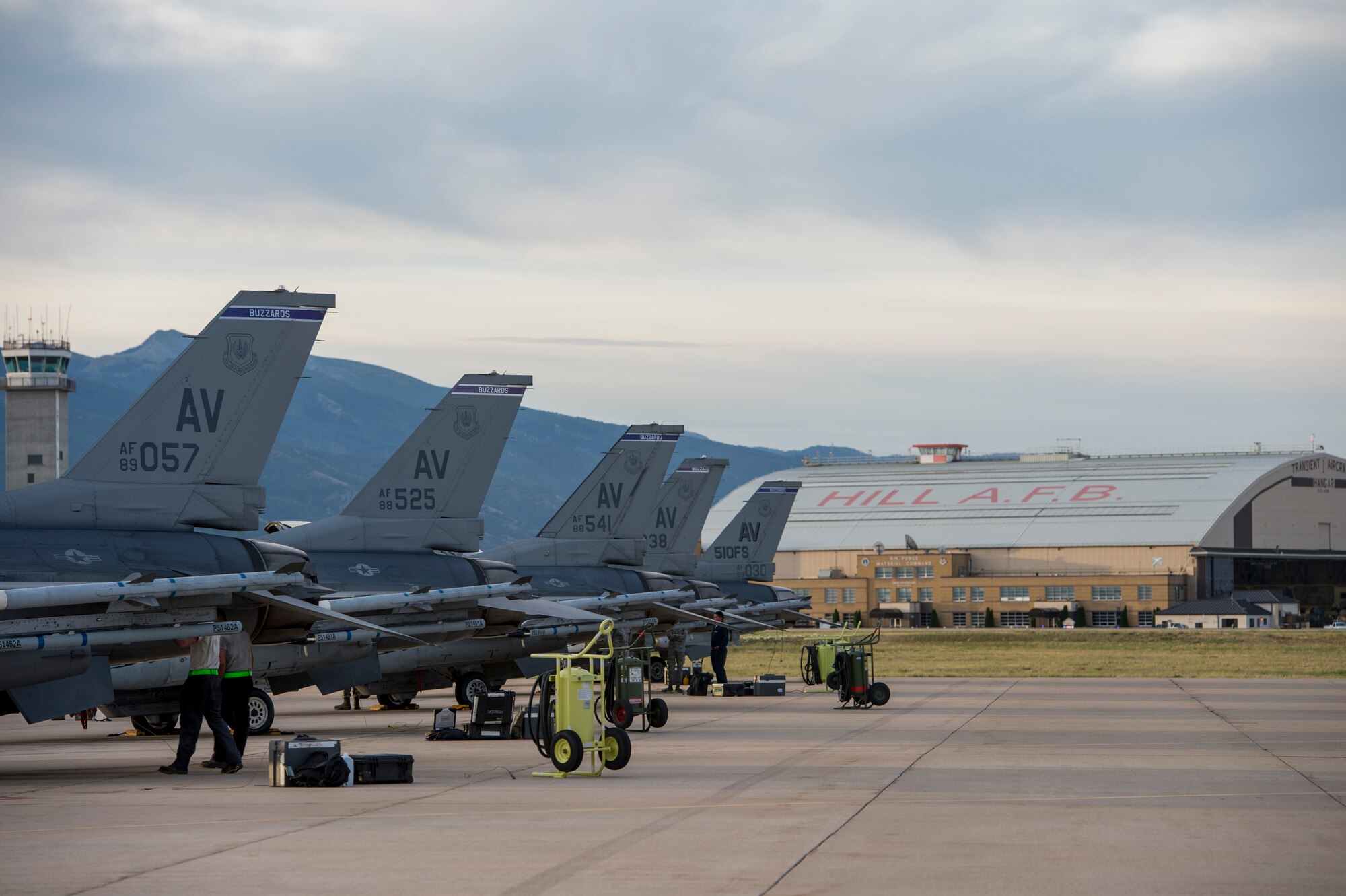 F-16 Fighting Falcons assigned to the 510th Fighter Wing, Aviano Air Base, Italy, prepare for takeoff during an air-to-ground Weapons System Evaluation Program (WSEP) at Hill AFB, Utah, Aug. 13, 2014. WSEP is an annual training exercise where the effectiveness, maintainability, suitability and accuracy of guided munitions is evaluated. The 510th FW, as well as the 494th FW from Royal Air Force Lakenheath, England, joined the 388th Fighter Wing of Hill AFB, Utah. (U.S. Air Force photo by Airman 1st Class Taylor Queen)