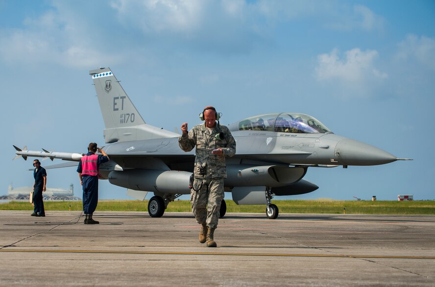 Tech. Sgt. Arthur Hamblin, 96th Aircraft Maintenance Squadron, checks his list after an inspection at Eglin Air Force Base, Fla., Aug. 7 The 96th Maintenance Group’s EOR crew is responsible for checking each aircraft for leaks, loose parts or any damage to the tires or aircraft before takeoffs and landings. (U.S. Air Force photo/Tech. Sgt. Jasmin Taylor)