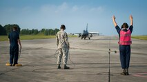 An F-16 Fighting Falcon taxis in for a final inspection from the end-of-runway crew at Eglin Air Force Base, Fla., Aug. 7.  The 96th Maintenance Group’s EOR crew is responsible for checking each aircraft for leaks, loose parts or any damage to the tires or aircraft before takeoffs and landings. (U.S. Air Force photo/Tech. Sgt. Jasmin Taylor)